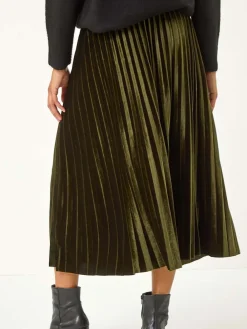 Roman Green Velvet Pleated Midi Skirt Clearance