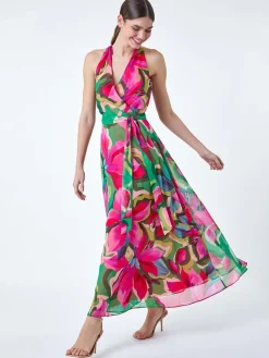 Roman Pink Floral Print Halterneck Maxi Dress Discount