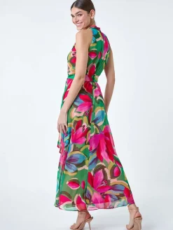 Roman Pink Floral Print Halterneck Maxi Dress Discount