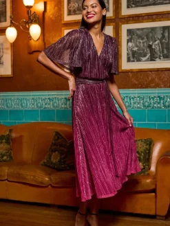 Roman Pink Ombre Shimmer Plisse Midi Dress