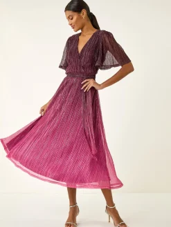Roman Pink Ombre Shimmer Plisse Midi Dress