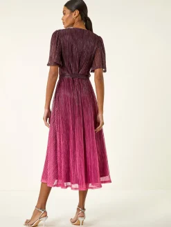 Roman Pink Ombre Shimmer Plisse Midi Dress