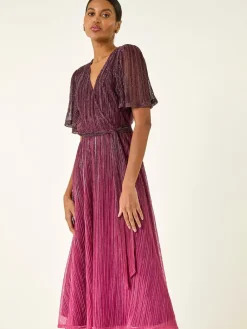 Roman Pink Ombre Shimmer Plisse Midi Dress