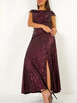 Roman Purple Sequin Cowl Neck Maxi Stretch Dress Hot