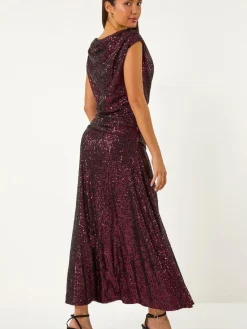 Roman Purple Sequin Cowl Neck Maxi Stretch Dress Hot