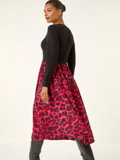 Roman Animal Print Twist Front Midi Dress Red Clearance