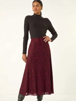 Roman Red Floral Textured A-Line Skirt Hot
