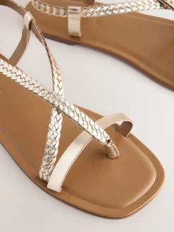 Next Rose Gold Leather Standard/Wide Fit Plait Strappy Toe Thong Sale