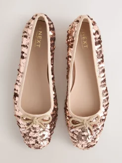 Next Rose Gold Sequin Standard/Wide Fit Round Toe Ballerina Shoes Discount