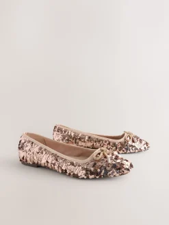 Next Rose Gold Sequin Standard/Wide Fit Round Toe Ballerina Shoes Discount