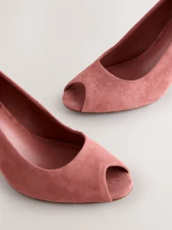 Next Premium Leather Peep Toe Heels Rose Pink Suede Clearance