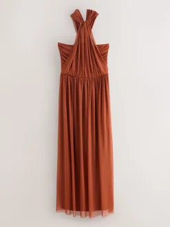 Next Rust Brown Mesh Multiway Wedding Guest Bridesmaid Maxi Dress Clearance
