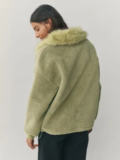 Next Sage Green Borg Quarter Zip Fleece with Fur Collar Hot