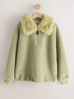 Next Sage Green Borg Quarter Zip Fleece with Fur Collar Hot
