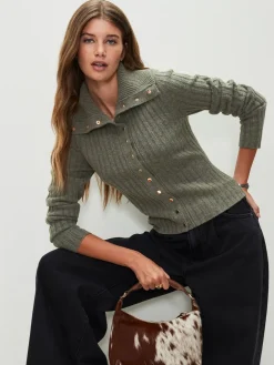Next Gold Button Ribbed Collar Cardigan Sage Green New