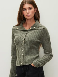 Next Gold Button Ribbed Collar Cardigan Sage Green New