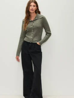 Next Gold Button Ribbed Collar Cardigan Sage Green New