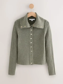 Next Gold Button Ribbed Collar Cardigan Sage Green New