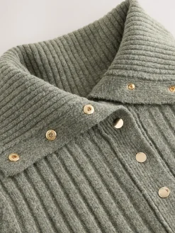 Next Gold Button Ribbed Collar Cardigan Sage Green New