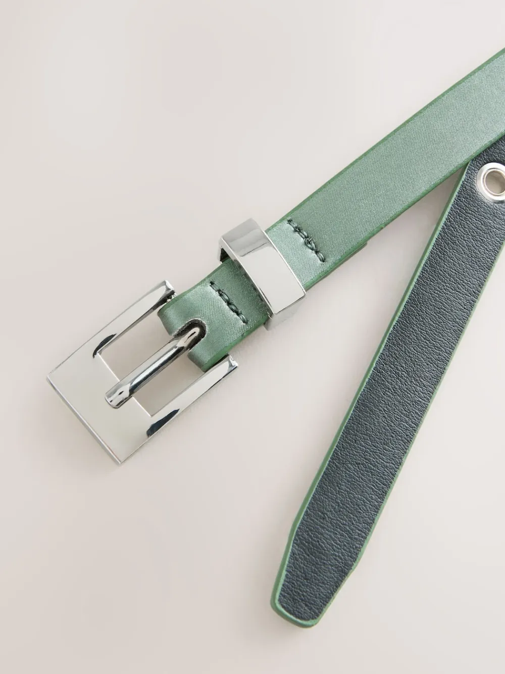 Next Sage Green Satin Skinny Belt with Diamante Square Buckle