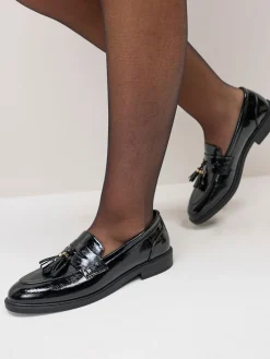 Schuh Black Wide Fit Layne Patent Tassel Loafers Discount