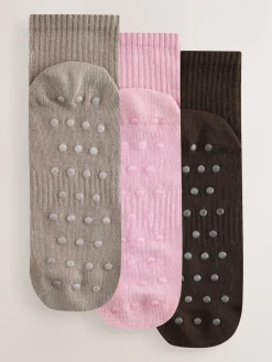 self. Cropped Ankle Embroidered Logo Gripper Socks 3 Pack Black/Pink/Mocha Brown Discount