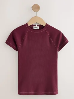 self. Burgundy Fitted Rib T-Shirt