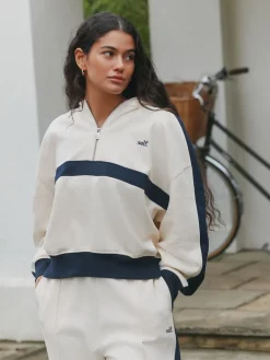 self. Ecru/Navy Half Zip Fleece Top Best