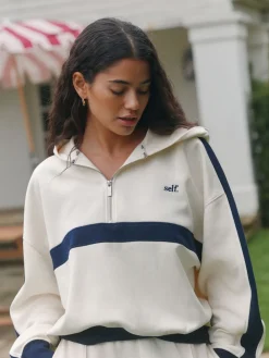 self. Ecru/Navy Half Zip Fleece Top Best