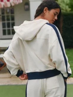 self. Ecru/Navy Half Zip Fleece Top Best