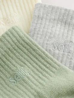 self. Cropped Ankle Embroidered Logo Gripper Socks 3 Pack Sage Green/Cream/Grey Hot
