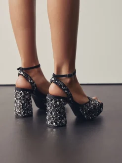 Next Sequin Forever Comfort® Square Toe Sequin Block Heeled Sandals Online