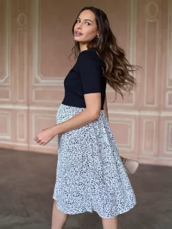 Seraphine Black & White Printed Maternity & Nursing Knit Top Dress Hot