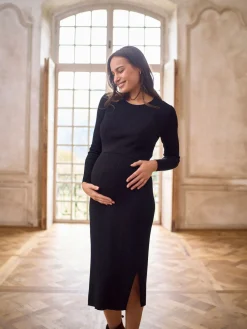 Seraphine Black Crew Neck Layered Knit Maternity Dress New