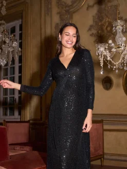 Seraphine Black Sparkle Knot Front Sequin Maternity Maxi Dress Clearance