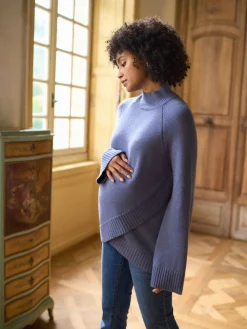 Seraphine Premium Cashmere Blend Maternity & Nursing Roll Neck Jumper Blue Discount