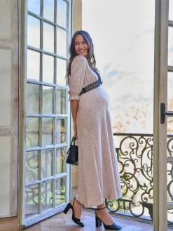 Seraphine Cream & Black Maternity Tea Dress With Lace Trim Hot