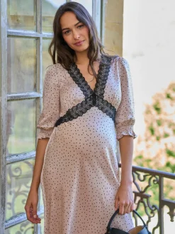 Seraphine Cream & Black Maternity Tea Dress With Lace Trim Hot