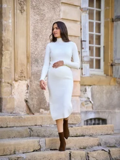 Seraphine Cream Maternity Premium Rib Knit and Nursing Dress Sale