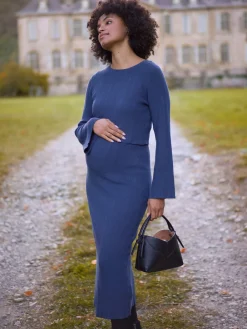 Seraphine Navy Blue Ribbed Knitted Maternity and Nursing Midi Dress Clearance