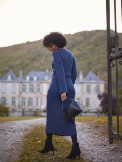 Seraphine Navy Blue Ribbed Knitted Maternity and Nursing Midi Dress Clearance