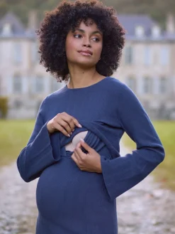 Seraphine Navy Blue Ribbed Knitted Maternity and Nursing Midi Dress Clearance