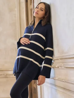 Seraphine Navy Stripe Wool Cotton Blend Maternity & Nursing Jumper Hot