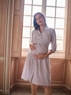 Seraphine Taupe & White Stripe Maternity & Nursing Midi Wrap Shirt Dress Online