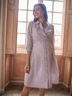 Seraphine Taupe & White Stripe Maternity & Nursing Midi Wrap Shirt Dress Online