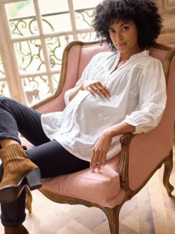 Seraphine White Ivory Maternity & Nursing Cotton Embroidered Blouse Sale