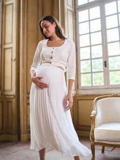 Seraphine White Ivory Occasion Maternity & Nursing Bridal Dress With Tweed Bodice & Floaty Pleated Skirt Outlet