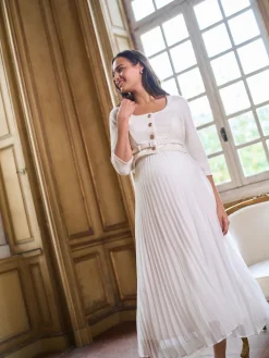 Seraphine White Ivory Occasion Maternity & Nursing Bridal Dress With Tweed Bodice & Floaty Pleated Skirt Outlet