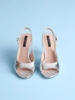 Next Tabitha Simmons X Ivy Peep Toe Sling Back Heels Silver Croc Embossed Online