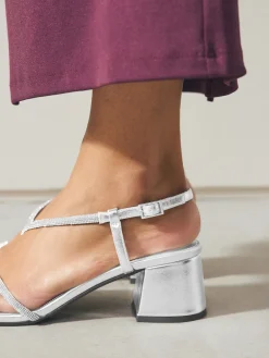 Next Forever Comfort Square Toe Jewelled Strappy Block Heeled Sandals Silver Best